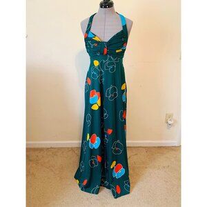 Vintage 70s Green Geometric Print Halter Maxi Dress Size XS